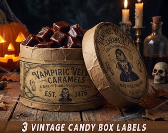 Vintage Halloween Vampire Candy Box Label, Printable Dracula Primitive Jar Sticker, Rustic Kitchen Decor