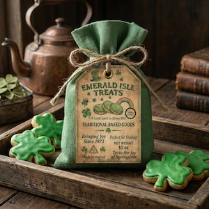 May include: A green fabric bag tied with twine, labeled "Emerald Isle Treats," with shamrock-shaped cookies. The tag reads "Traditional Baked Goods" and "Made in Ireland." The cookies are green with a light-colored outline. The bag contains 10 oz of treats.