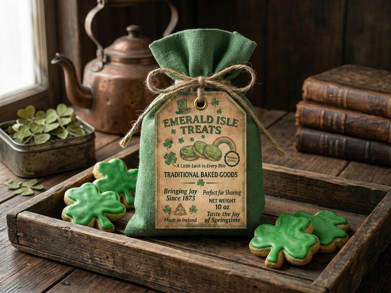 May include: A green fabric bag tied with twine, labeled "Emerald Isle Treats," with shamrock-shaped cookies. The tag reads "Traditional Baked Goods" and "Made in Ireland." The cookies are green with a light-colored outline. The bag contains 10 oz of treats.