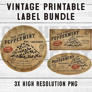 Vintage Peppermint Labels PNG Bundle, Printable Rustic Candy Jar Sticker, Apothecary Sweet Packaging Tags