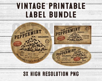 Vintage Peppermint Labels PNG Bundle, Printable Rustic Candy Jar Sticker, Apothecary Sweet Packaging Tags
