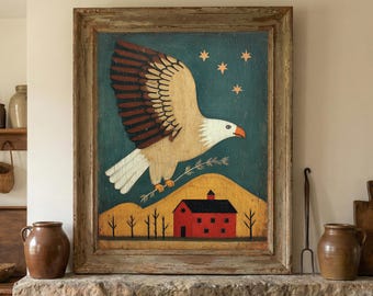 Primitieve Amerikaanse adelaar print, afdrukbare Americana volkskunst muur decor, rustieke rode schuur schilderij, koloniale patriottische boerderij kunst