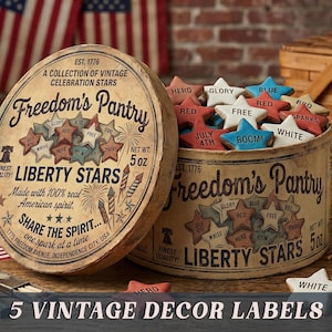 May include: A vintage-style container of Liberty Stars, featuring red, white, and blue star-shaped decorations with patriotic words. The container, labelled "Freedom's Pantry," is 5 oz. and has a distressed, aged appearance, ideal for a patriotic theme.