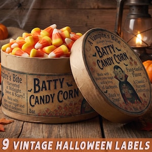 Vintage Halloween snoepetiketten, speelse koekjesdoosstickers, rustieke voorraadkastdecoratie, griezelige cadeauverpakkingen