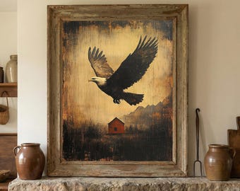 Vintage print Amerikaanse adelaar, rustieke boerderij volkskunst schilderij, humeurige Americana afdrukbare muurkunst