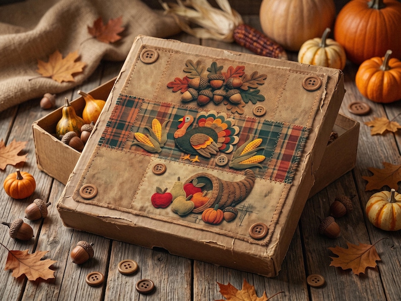 May include: A square cardboard box lid decorated with fabric appliques of acorns, a turkey, corn, and a cornucopia filled with fruit. The lid features a plaid fabric strip, brown fabric panels, and four brown buttons at the corners.