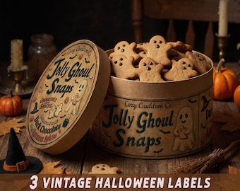 Vintage Halloween Printable Cookie Box Labels, Whimsical Ghost Ginger Snaps Label, Primitive Kitchen Decor