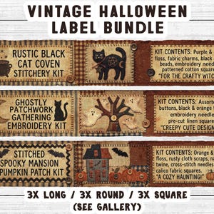 May include: A vintage Halloween label bundle featuring three rectangular panels with illustrations of a black cat, ghosts, a tree, a mansion, and pumpkins. Each panel includes text describing stitchery and embroidery kits with contents listed.