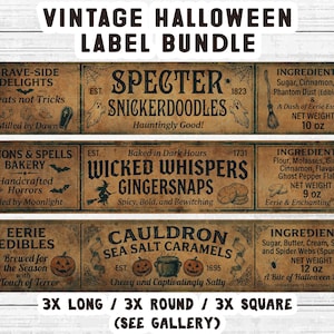 May include: A set of three rectangular vintage Halloween labels featuring brown aged paper textures and black typography. The labels display text for Specter Snickerdoodles, Wicked Whispers Gingersnaps, and Cauldron Sea Salt Caramels, including ingredients and net weights in ounces.