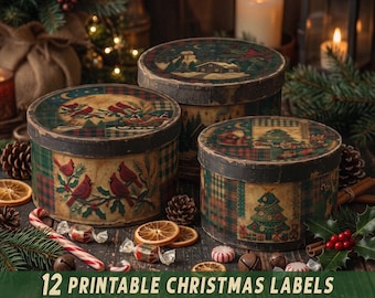 May include: Three round, lidded boxes featuring vintage-style Christmas illustrations of cardinals, a sleigh, a snowman, and a decorated tree. The boxes have a dark, distressed finish and are displayed with holiday decor. Text reads: 12 PRINTABLE CHRISTMAS LABELS.