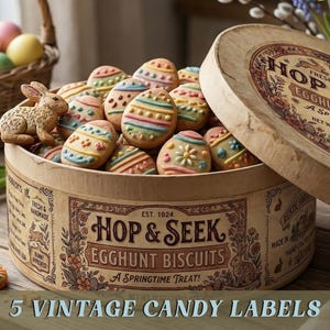 May include: A round box of Hop & Seek Egg Hunt Biscuits with a lid, filled with decorated Easter egg-shaped cookies. A small bunny figurine sits on the box. A basket of Easter eggs is in the background. The text "5 Vintage Candy Labels" is at the bottom.