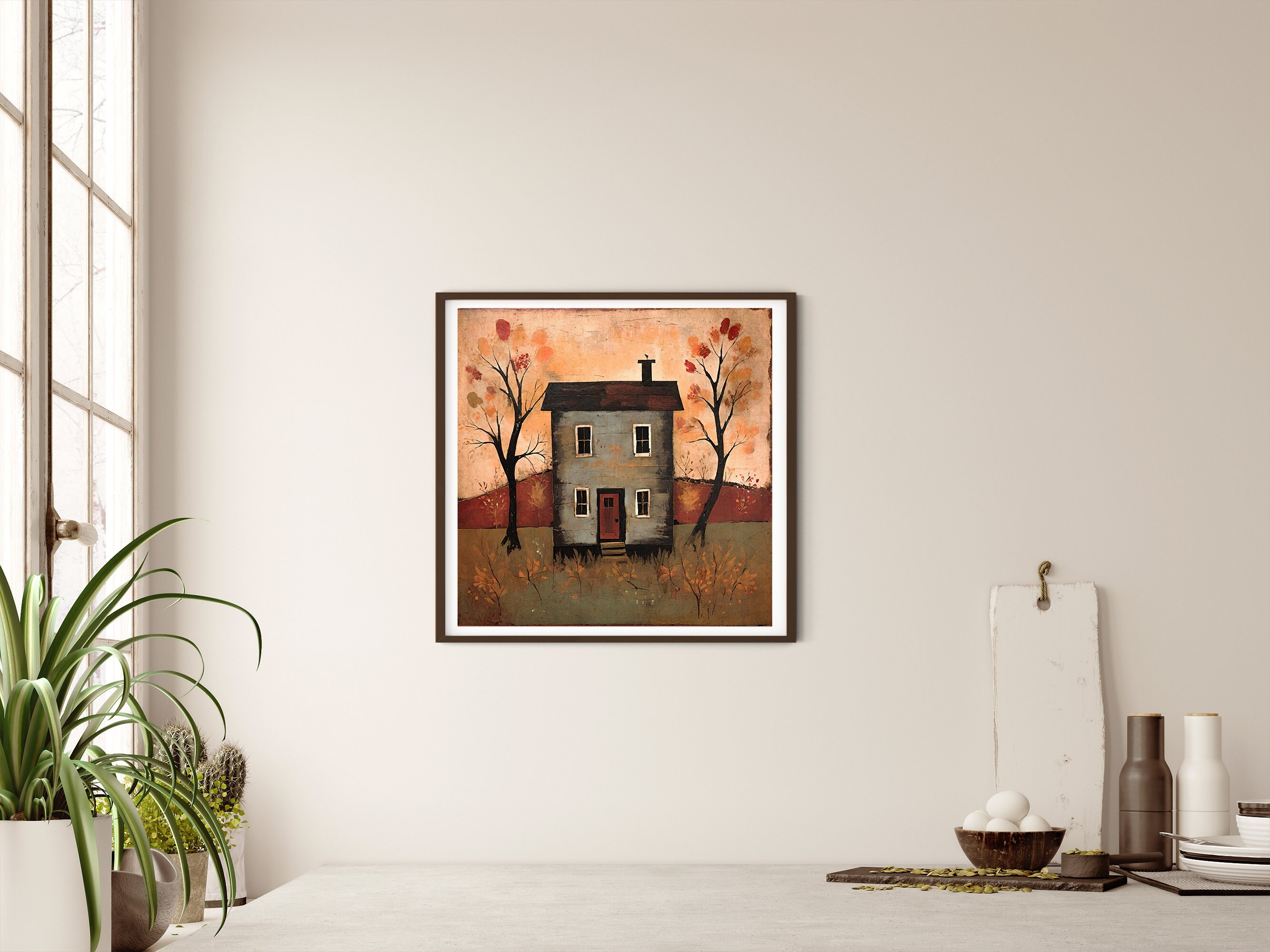 Saltbox House Primitive Art Painting, Printable Folk Art Old House Wall Art, Naive Art Wall ...