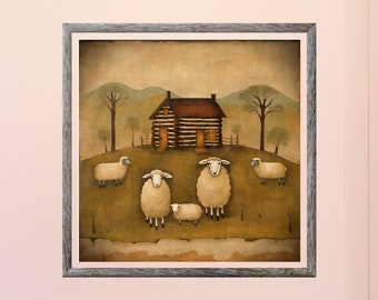 Sheep Primitive Art, Log Cabin Folk Art, Vintage Wall Art, Printable Home Decor, Rustic Earliest Art, Digital Painting, Housewarming Gift