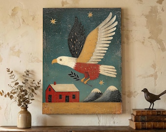 Primitieve American Eagle-volkskunstprint, rustieke Americana boerderij muurdecor, koloniale patriot digitale download, 4 juli schuurkunst
