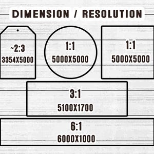 May include: Image showing dimension and resolution ratios. Includes a tag shape with ~2:3 ratio and 3354x5000 resolution, two 1:1 squares with 5000x5000 resolution, a 3:1 rectangle with 5100x1700 resolution, and a 6:1 rectangle with 6000x1000 resolution.