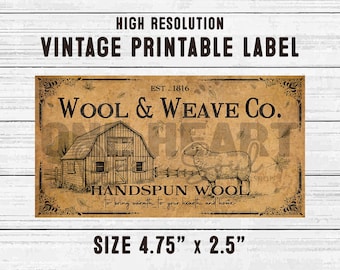 Vintage Wool Printable Label, Primitive Farmhouse Sheep Sticker, Rustic Craft Gift Tag, Knitting Supply