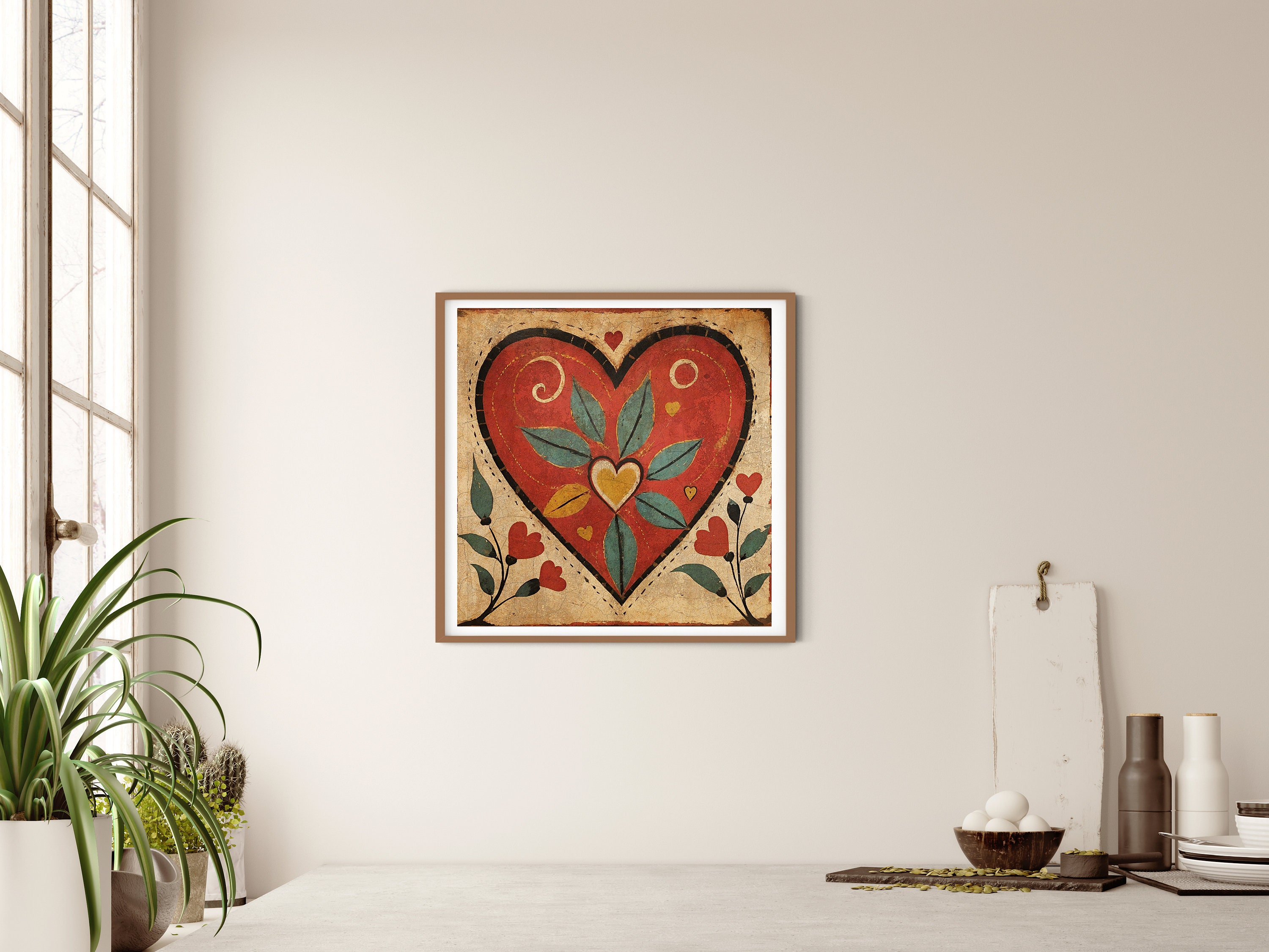 Floral Heart Folk Art Print: Vintage Primitive Home Decor (digital