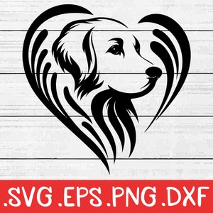 Silhouette Golden Retriever, vettore a forma di cuore, cucciolo amore PNG, cane carino stencil SVG, regalo per gli amanti dei cani, regalo per il proprietario del cane, stampa file tagliati
