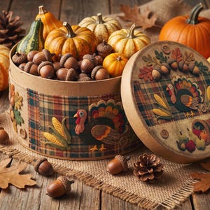 May include: A round cardboard box decorated with fabric turkey, corn, and leaf appliques, filled with acorns and small pumpkins. The lid features a matching turkey and cornucopia design. Additional pumpkins, pinecones, and acorns surround the box.