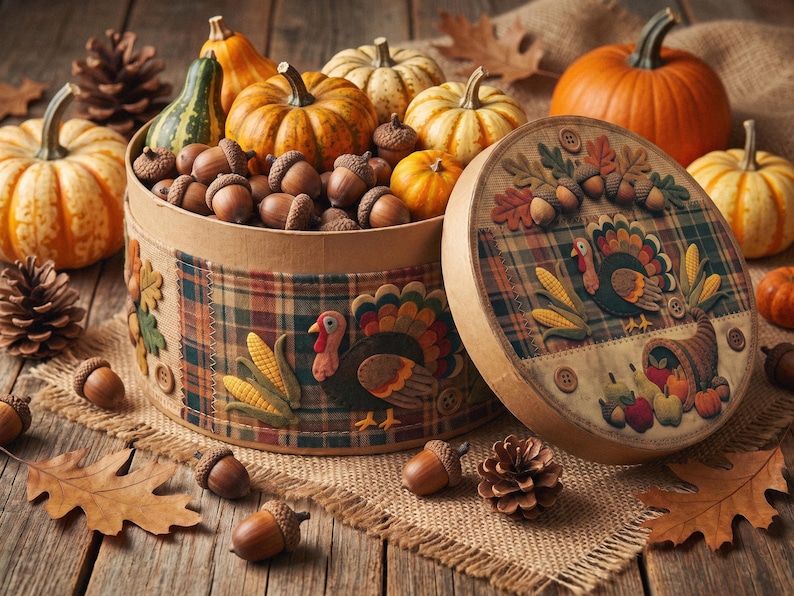 May include: A round cardboard box decorated with fabric turkey, corn, and leaf appliques, filled with acorns and small pumpkins. The lid features a matching turkey and cornucopia design. Additional pumpkins, pinecones, and acorns surround the box.
