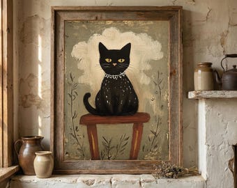 Primitive Black Cat Art Print, Vintage Folk Art, Cottagecore Decor (Digital Download)