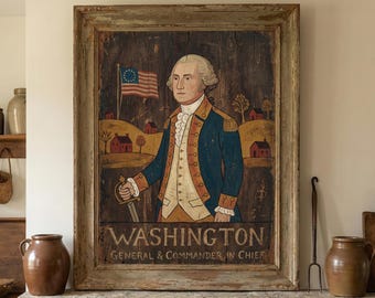 George Washington Folk Art Print, Vintage American Patriot Wall Decor, Rustic Revolutionary War Poster