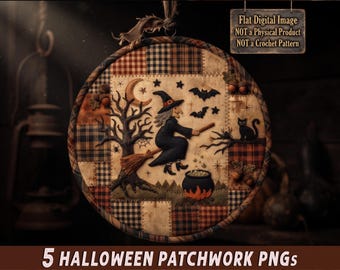 Printable Primitive Halloween Decor, Rustic Folk Art Ornament, Country Patchwork Pumpkin Ghost Witch Bat