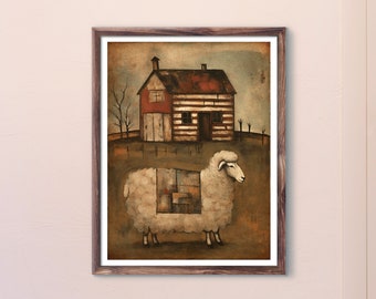 Vintage Sheep Painting: Primitive Log Cabin Art (Digital Download)