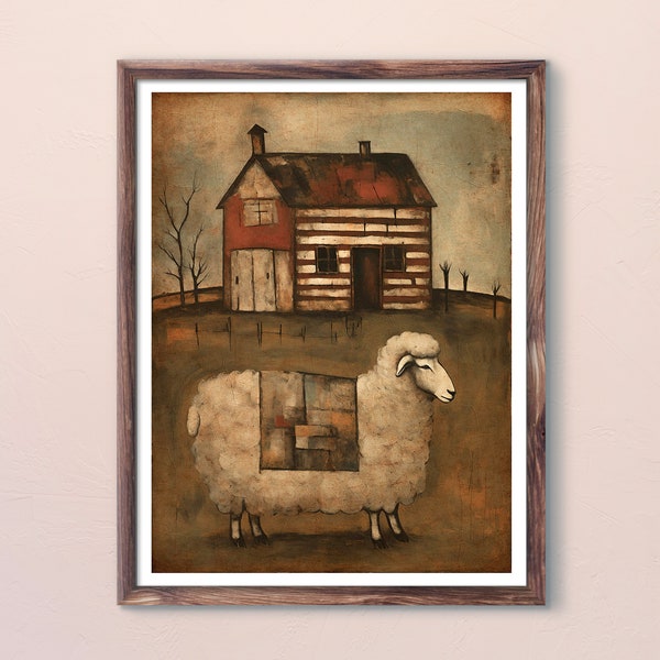 Printable Vintage Sheep Painting, Primitive Art Log Cabin, Folk Art Farm Animal, Naive Art Landscape Picture, Old American Wall Art Decor