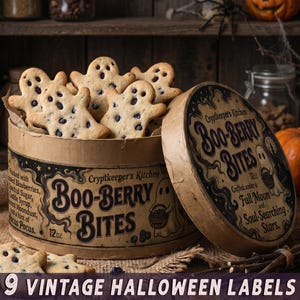 May include: A round cardboard container labeled Boo-Berry Bites filled with ghost-shaped cookies containing dark berries. The container features black text and illustrations of ghosts. The lid is placed beside the container, which holds 12 oz.