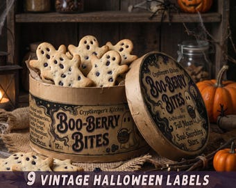 Vintage Halloween Printable Cookie Labels,  Whimsical Spooky Faux Box Wrap, Rustic Pantry Primitive Craft