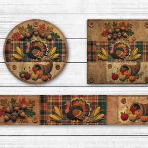 May include: Three fabric wall hangings featuring Thanksgiving motifs including a turkey, corn, acorns, and a cornucopia filled with fruit. The designs incorporate plaid fabric panels, brown textured fabric, and decorative buttons in a rustic style.