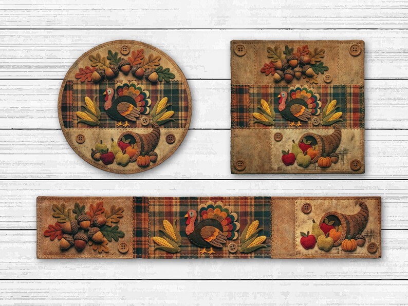 May include: Three fabric wall hangings featuring Thanksgiving motifs including a turkey, corn, acorns, and a cornucopia filled with fruit. The designs incorporate plaid fabric panels, brown textured fabric, and decorative buttons in a rustic style.