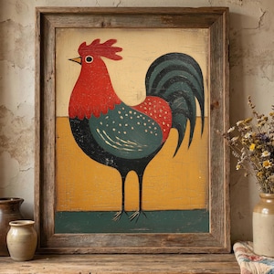 以下が含まれることがあります： ニワトリのフォークアートの額入り絵画。ニワトリは、赤い鶏冠と肉垂、黒とティールの体、黒い尾で様式化されています。背景は黄色と緑です。