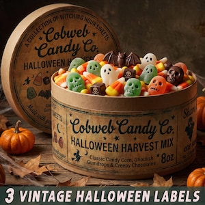 May include: A round cardboard box of Cobweb Candy Co. Halloween Harvest Mix, containing candy corn, gummy skulls, ghosts, and chocolate bats. The label reads 8oz, Classic Candy Corn, Ghoulish Gumdrops & Creepy Chocolates, and A Collection of Witching Hour Sweets.
