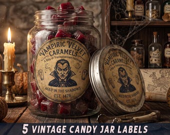 Printable Vintage Halloween Candy Jar Labels, Spooky Apothecary Stickers, Rustic Witchy Decor, Primitive Pantry