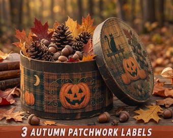 Vintage Halloween Decor Autumn Patchwork Label, Primitive Pumpkin Fall Decor, Folk Art Printable Wrap