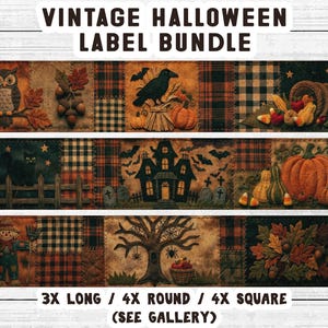 以下が含まれることがあります： VINTAGE HALLOWEEN LABEL BUNDLEと題されたデジタルコレクションで、パッチワーク風のイラストが描かれた3本の横長ストリップが特徴です。フクロウ、カラス、豊穣の角、黒猫、幽霊屋敷、カボチャ、かかし、木、秋の葉などのデザインが含まれています。
