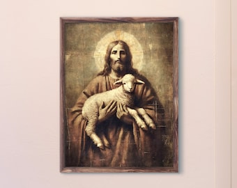 Shepherd Christ Portrait Print, Jesus Holding Lamb Vintage Folk Art Painting, Christian Home Decor