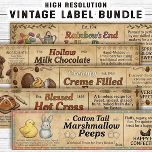 Può includere: Un pacchetto di etichette vintage a tema pasquale. Le etichette includono "Rainbow's End", "Hollow Milk Chocolate", "Creamy Creme Filled", "Blessed Hot Cross" e "Cotton Tail Marshmallow Peeps". Ogni etichetta ha un design unico.