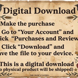 May include: A beige parchment-style digital download instruction card featuring black text, two black crows, wheat stalks, and small red and blue stars and hearts. The text outlines three steps for downloading files and notes no physical product is shipped.