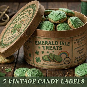 May include: A vintage round box labeled "Emerald Isle Treats" with green frosted cookies inside. The box is open, revealing the cookies and the text "A Little Luck in Every Bite". The image also includes the text "5 VINTAGE CANDY LABELS".