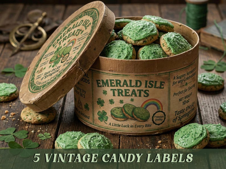 May include: A vintage round box labeled "Emerald Isle Treats" with green frosted cookies inside. The box is open, revealing the cookies and the text "A Little Luck in Every Bite". The image also includes the text "5 VINTAGE CANDY LABELS".