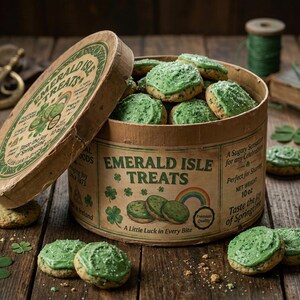 May include: A round cardboard box labeled "Emerald Isle Treats" filled with green frosted cookies. The box is open, revealing the treats and the lid. The cookies are scattered on a wooden surface, along with shamrocks and a vintage book.