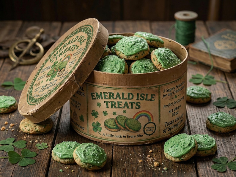 May include: A round cardboard box labeled "Emerald Isle Treats" filled with green frosted cookies. The box is open, revealing the treats and the lid. The cookies are scattered on a wooden surface, along with shamrocks and a vintage book.