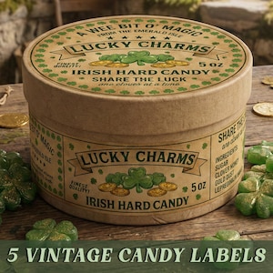 Vintage snoepetiketten voor St. Patrick's Day, printbare Ierse voorraadkaststickers, rustieke cadeaulabels