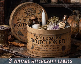 Vintage Witchcraft Protection Kit Label Bundle, Printable Halloween Primitive Decor,  Rustic DIY Gothic Crafts