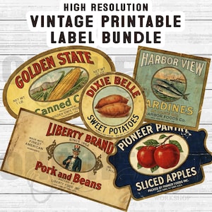 Peut inclure: Ensemble d'étiquettes imprimables vintage. Les étiquettes présentent des illustrations de maïs, de patates douces, de pommes et de sardines. Le texte comprend "Golden State", "Dixie Belle", "Liberty Brand", "Harbor View" et "Pioneer Pantal". Les étiquettes ont un aspect vieilli.
