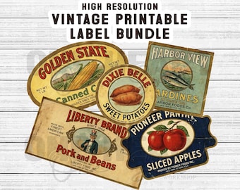 Vintage Printable Pantry Labels, Rustic Farmhouse Label Bundle, Retro Kitchen Canister Stickers, Ephemera Pack