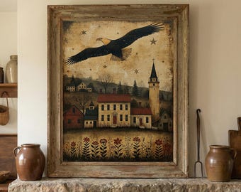 Vintage Primitive American Eagle Folk Art Print, Rustic Americana Country Decor, Patriotic Wall Art